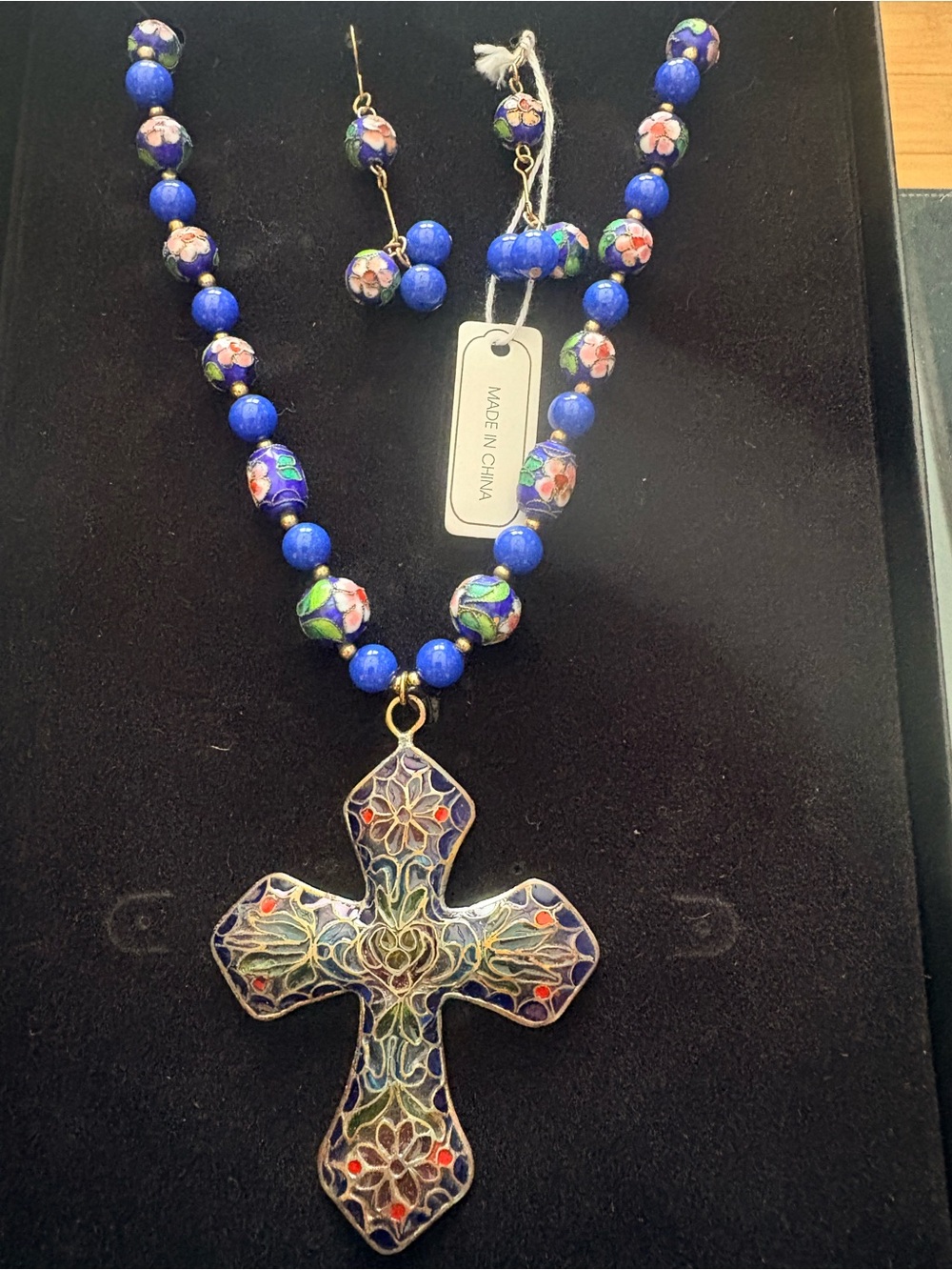 Cloisonné Floral Cross Necklace Set - Blue